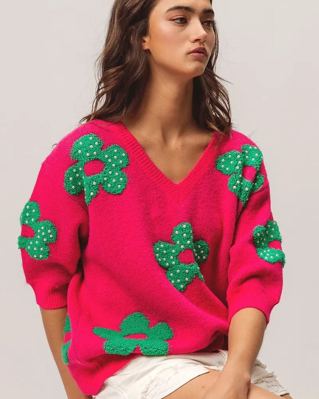 BiBi Pearl Beads Flowers Sweater Top - Sleekdenim.com