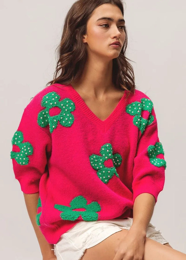 BiBi Pearl Beads Flowers Sweater Top - Sleekdenim.com
