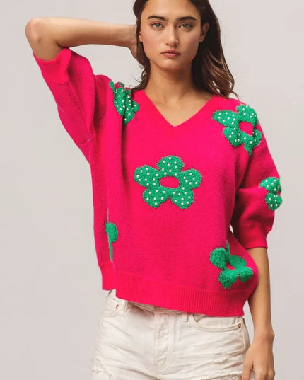 BiBi Pearl Beads Flowers Sweater Top - Sleekdenim.com