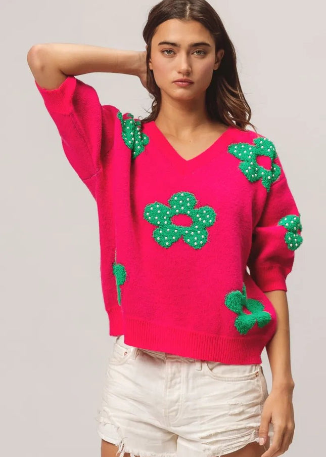 BiBi Pearl Beads Flowers Sweater Top - Sleekdenim.com