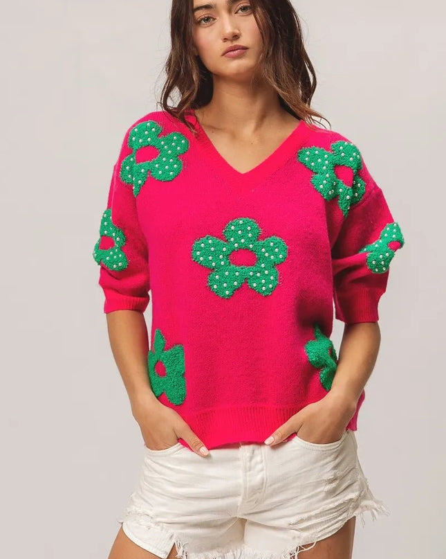 BiBi Pearl Beads Flowers Sweater Top - Sleekdenim.com