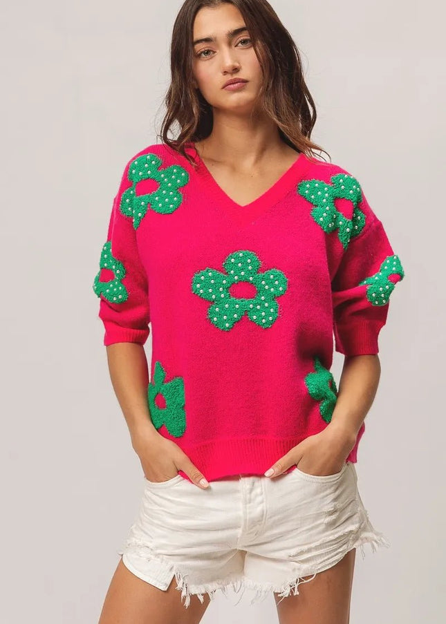 BiBi Pearl Beads Flowers Sweater Top - Sleekdenim.com