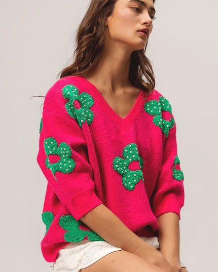 BiBi Pearl Beads Flowers Sweater Top - Sleekdenim.com