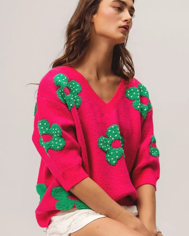 BiBi Pearl Beads Flowers Sweater Top - Sleekdenim.com