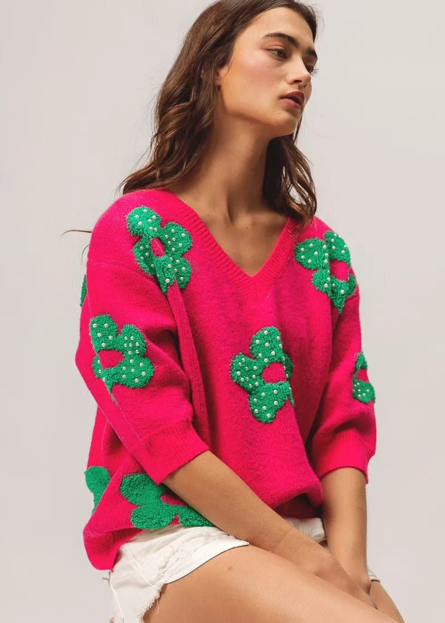 BiBi Pearl Beads Flowers Sweater Top - Sleekdenim.com