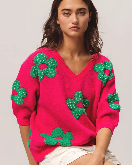 BiBi Pearl Beads Flowers Sweater Top - Sleekdenim.com