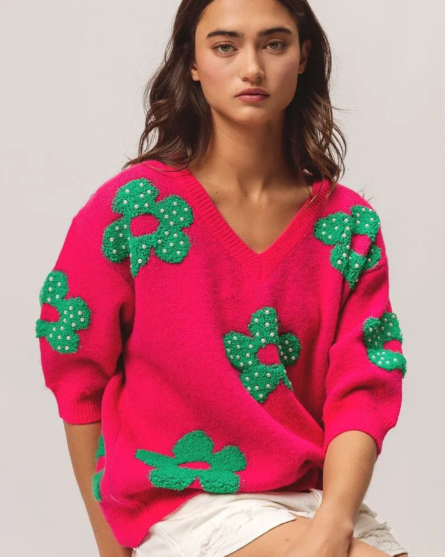 BiBi Pearl Beads Flowers Sweater Top - Sleekdenim.com