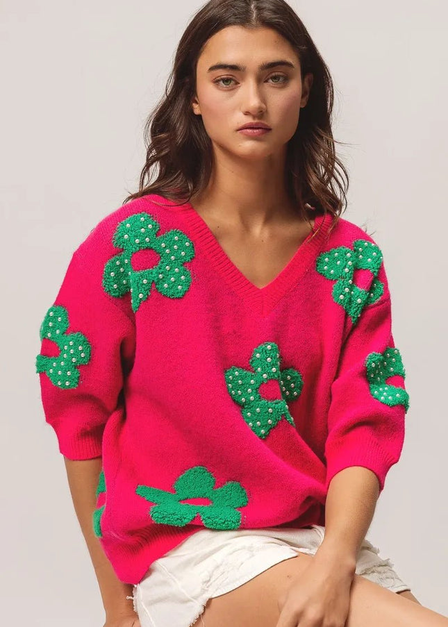 BiBi Pearl Beads Flowers Sweater Top - Sleekdenim.com