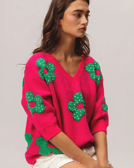 BiBi Pearl Beads Flowers Sweater Top - Sleekdenim.com