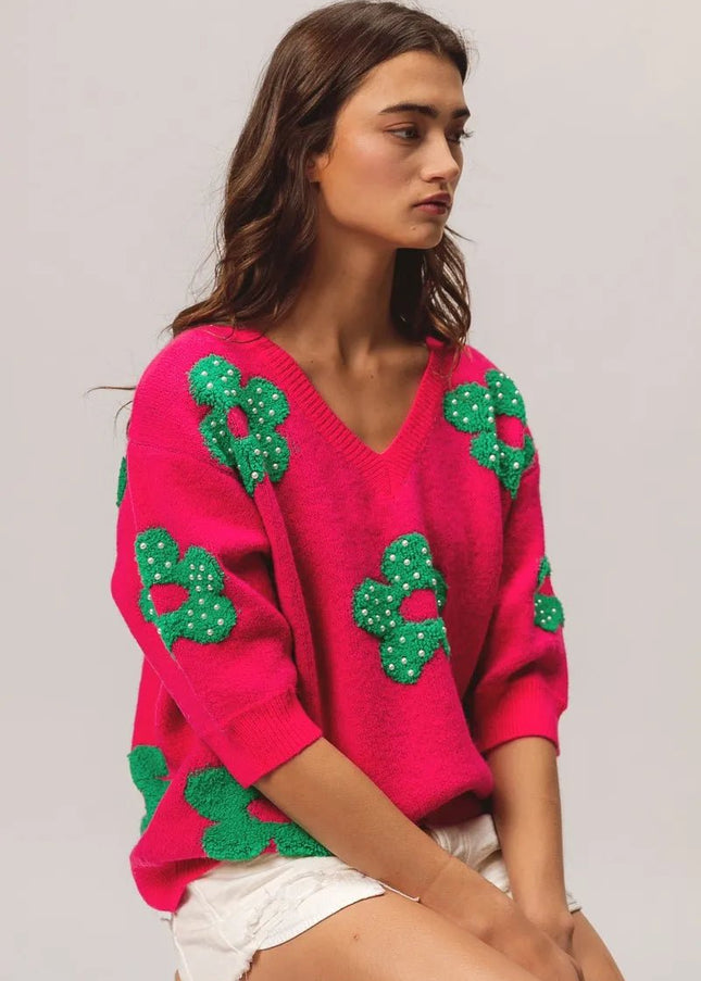 BiBi Pearl Beads Flowers Sweater Top - Sleekdenim.com