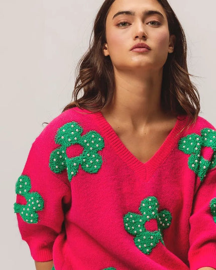 BiBi Pearl Beads Flowers Sweater Top - Sleekdenim.com