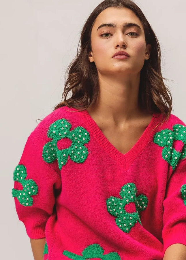 BiBi Pearl Beads Flowers Sweater Top - Sleekdenim.com