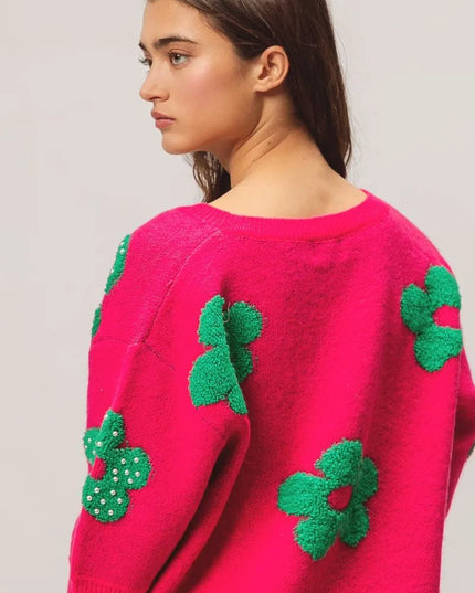 BiBi Pearl Beads Flowers Sweater Top - Sleekdenim.com