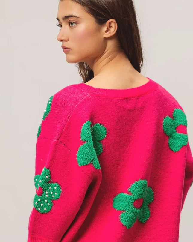 BiBi Pearl Beads Flowers Sweater Top - Sleekdenim.com