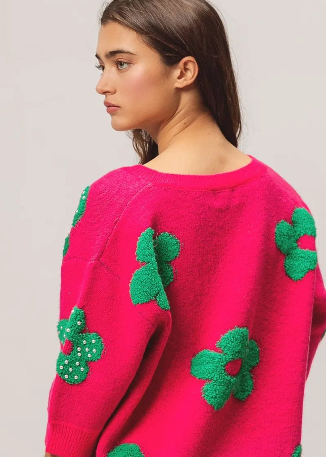 BiBi Pearl Beads Flowers Sweater Top - Sleekdenim.com