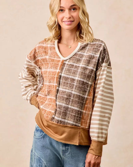 BiBi Plaid And Stripe Mix And Match Top With Open Seam - Sleekdenim.com