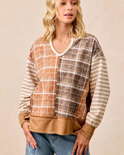 BiBi Plaid And Stripe Mix And Match Top With Open Seam - Sleekdenim.com