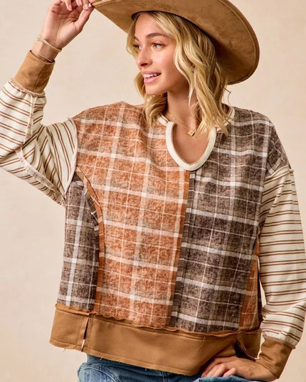 BiBi Plaid And Stripe Mix And Match Top With Open Seam - Sleekdenim.com