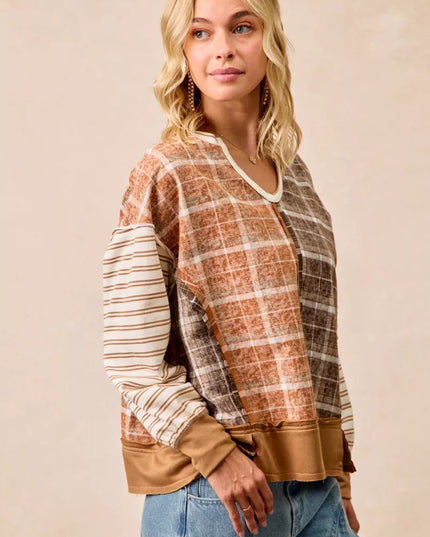 BiBi Plaid And Stripe Mix And Match Top With Open Seam - Sleekdenim.com
