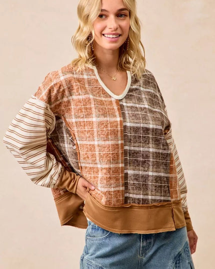 BiBi Plaid And Stripe Mix And Match Top With Open Seam - Sleekdenim.com