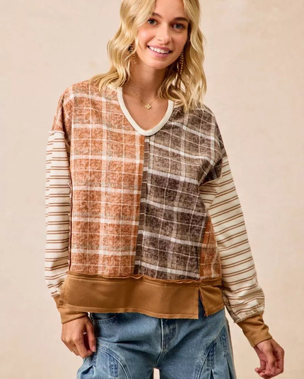 BiBi Plaid And Stripe Mix And Match Top With Open Seam - Sleekdenim.com