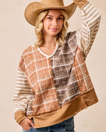 BiBi Plaid And Stripe Mix And Match Top With Open Seam - Sleekdenim.com