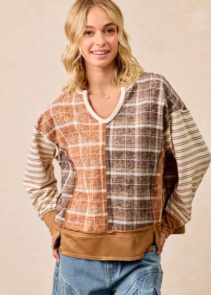 BiBi Plaid And Stripe Mix And Match Top With Open Seam - Sleekdenim.com
