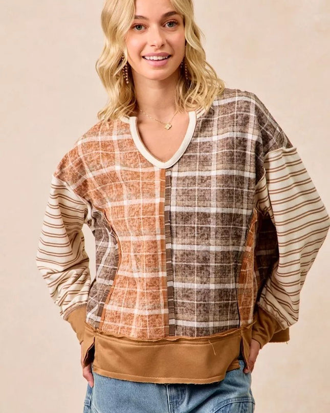 BiBi Plaid And Stripe Mix And Match Top With Open Seam - Sleekdenim.com