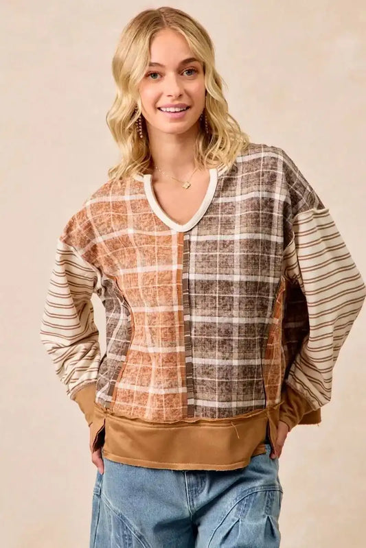 BiBi Plaid And Stripe Mix And Match Top With Open Seam