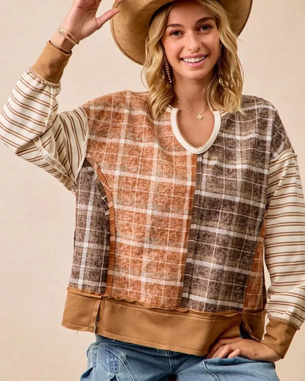 BiBi Plaid And Stripe Mix And Match Top With Open Seam - Sleekdenim.com