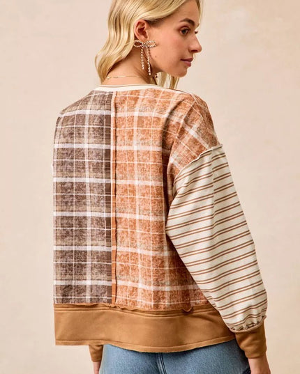 BiBi Plaid And Stripe Mix And Match Top With Open Seam - Sleekdenim.com