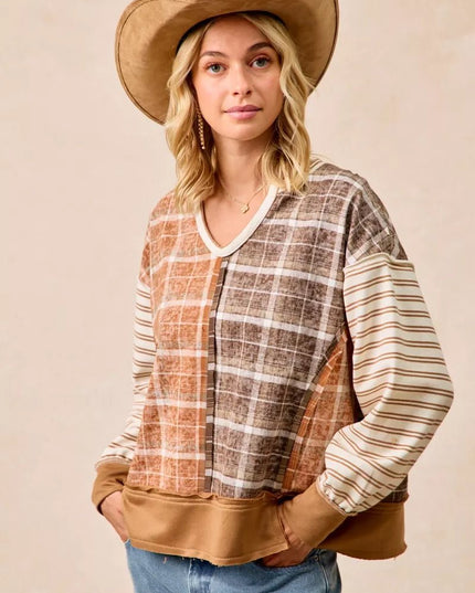 BiBi Plaid And Stripe Mix And Match Top With Open Seam - Sleekdenim.com