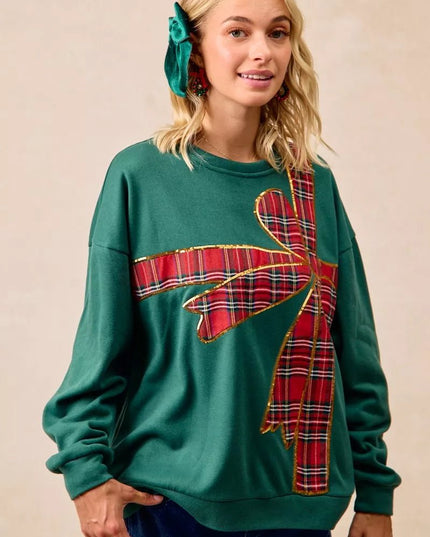 BiBi Plaid Ribbon Bow Detail Christmas Fleece Pullover - Sleekdenim.com