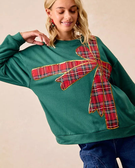 BiBi Plaid Ribbon Bow Detail Christmas Fleece Pullover - Sleekdenim.com