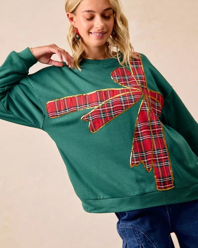 BiBi Plaid Ribbon Bow Detail Christmas Fleece Pullover - Sleekdenim.com
