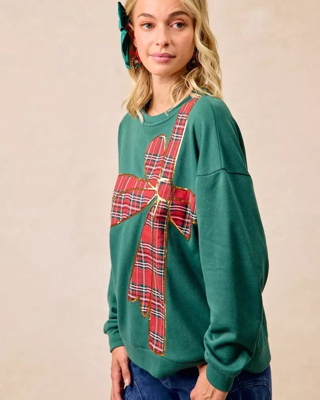 BiBi Plaid Ribbon Bow Detail Christmas Fleece Pullover - Sleekdenim.com
