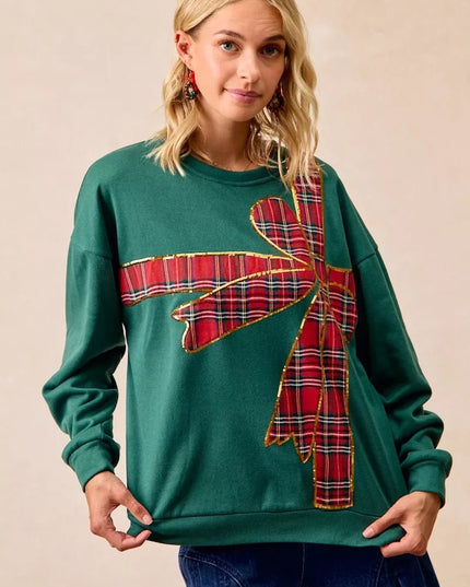 BiBi Plaid Ribbon Bow Detail Christmas Fleece Pullover - Sleekdenim.com