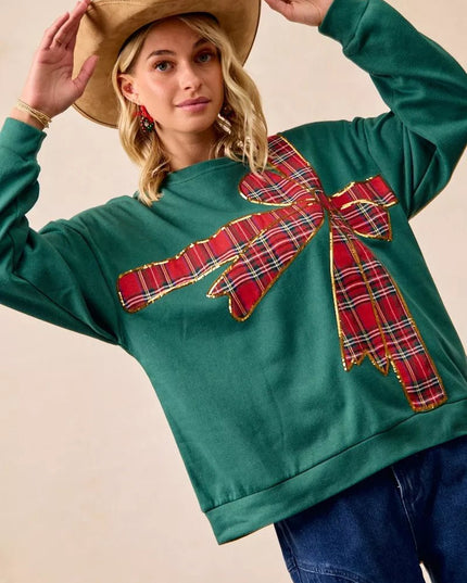 BiBi Plaid Ribbon Bow Detail Christmas Fleece Pullover - Sleekdenim.com