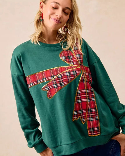 BiBi Plaid Ribbon Bow Detail Christmas Fleece Pullover - Sleekdenim.com
