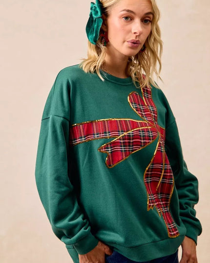 BiBi Plaid Ribbon Bow Detail Christmas Fleece Pullover - Sleekdenim.com