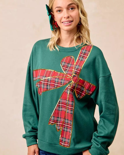 BiBi Plaid Ribbon Bow Detail Christmas Fleece Pullover - Sleekdenim.com