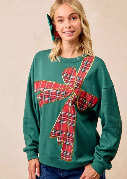BiBi Plaid Ribbon Bow Detail Christmas Fleece Pullover - Sleekdenim.com
