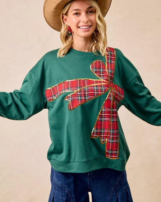BiBi Plaid Ribbon Bow Detail Christmas Fleece Pullover - Sleekdenim.com