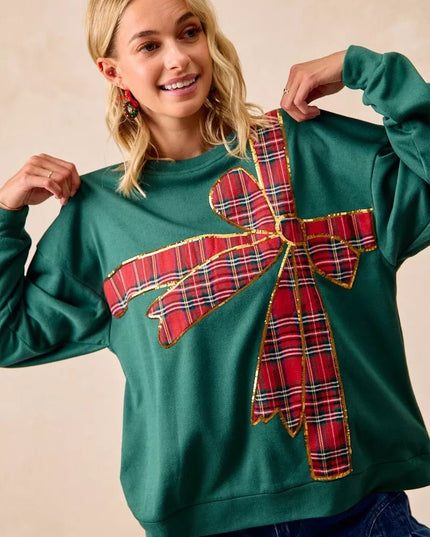 BiBi Plaid Ribbon Bow Detail Christmas Fleece Pullover - Sleekdenim.com