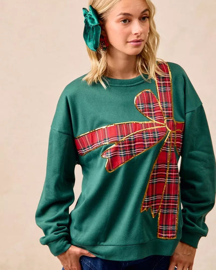 BiBi Plaid Ribbon Bow Detail Christmas Fleece Pullover - Sleekdenim.com