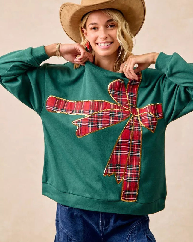 BiBi Plaid Ribbon Bow Detail Christmas Fleece Pullover - Sleekdenim.com