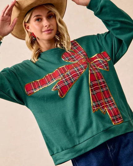 BiBi Plaid Ribbon Bow Detail Christmas Fleece Pullover - Sleekdenim.com