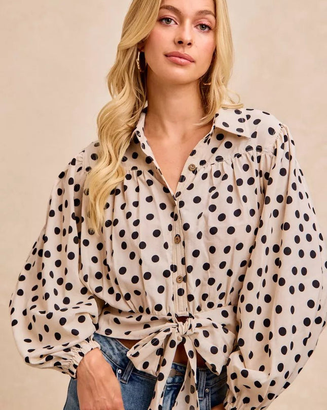 BiBi Polka Dot Print Tie Hem Detail Crop Shirt - Sleekdenim.com