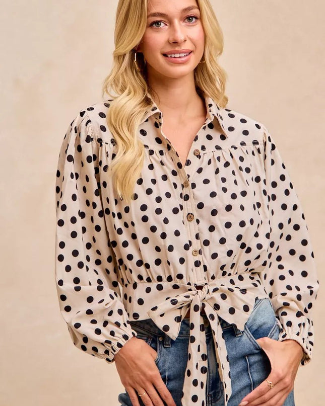 BiBi Polka Dot Print Tie Hem Detail Crop Shirt - Sleekdenim.com