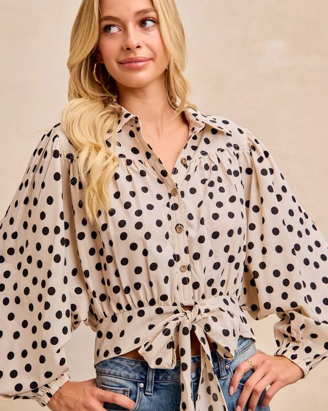 BiBi Polka Dot Print Tie Hem Detail Crop Shirt - Sleekdenim.com